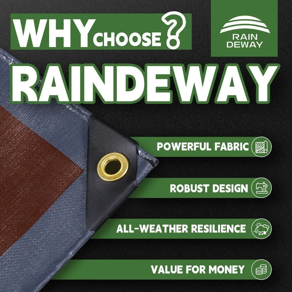 RAINDEWAY 6x15 Feet Super Heavy Duty Tarp 18 Mil, UV Resistant, Weatherproof, Multipurpose Waterproof Poly Tarp with Grommets and Reinforced Edges, Brown/Gray Tarps