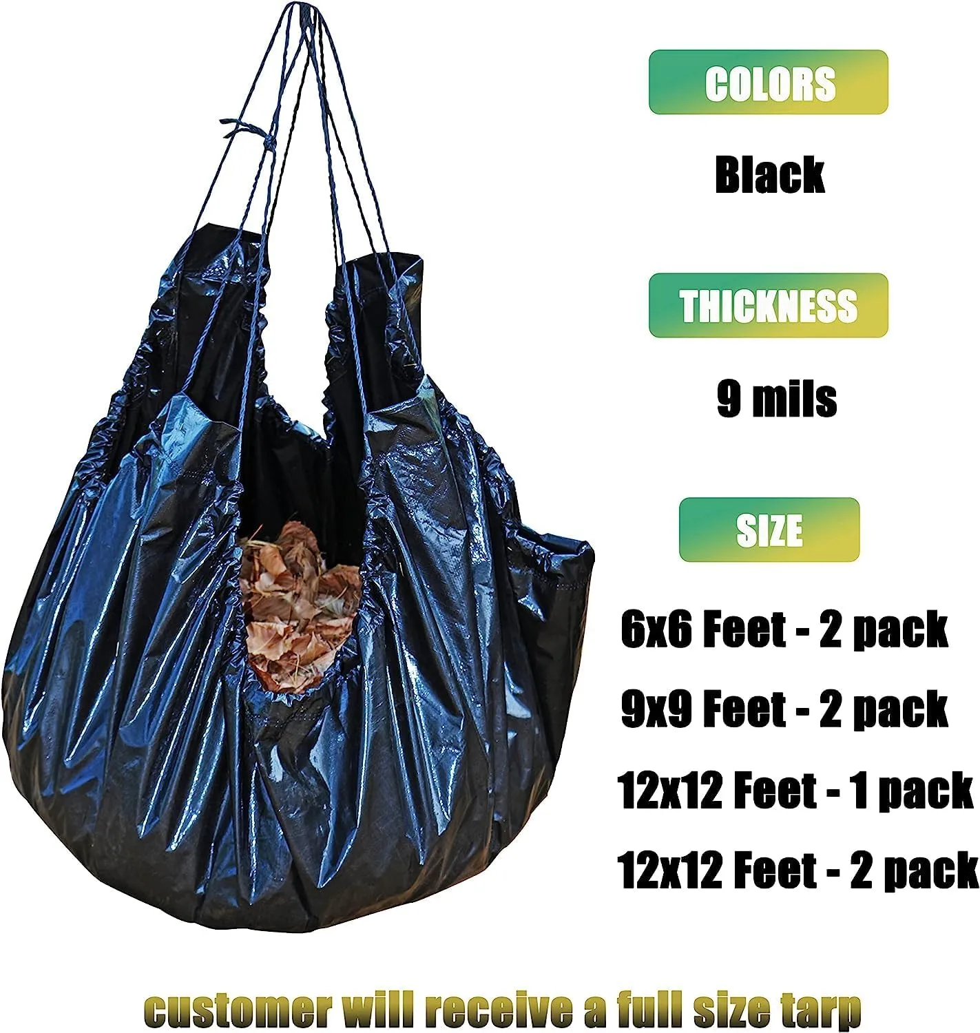 RAINDEWAY Drawstring Tarp 7x7 Feet (2pack), 9 Mil Black Poly Tarp with Drawstring, Reusable Leaf Lawn Garden Yard Waste Bag