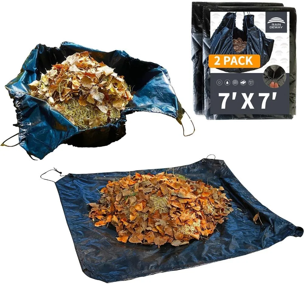 RAINDEWAY Drawstring Tarp 7x7 Feet (2pack), 9 Mil Black Poly Tarp with Drawstring, Reusable Leaf Lawn Garden Yard Waste Bag