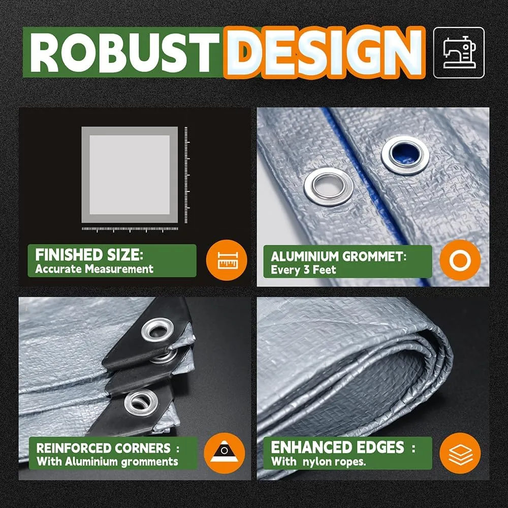 RAINDEWAY Tarps - 20x30 Feet, 5.5 Mil Thick, Multipurpose Waterproof Poly Tarp Cover with Metal Grommets and Reinforced Edges, Silver/Blue Large Tarp