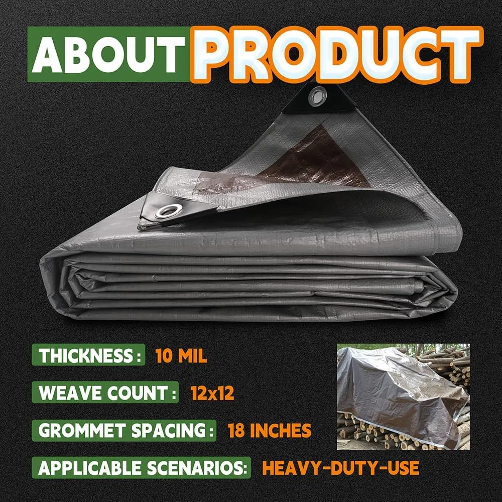 RAINDEWAY Tarps Heavy Duty Waterproof 12x25 Feet, 10Mil Multipurpose Poly Tarp Cover with Metal Grommets,Silver/Brown Tarp Finished Size,for Carport，Boats，Camping
