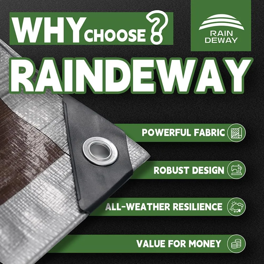 RAINDEWAY Tarps Heavy Duty Waterproof 12x25 Feet, 10Mil Multipurpose Poly Tarp Cover with Metal Grommets,Silver/Brown Tarp Finished Size,for Carport，Boats，Camping