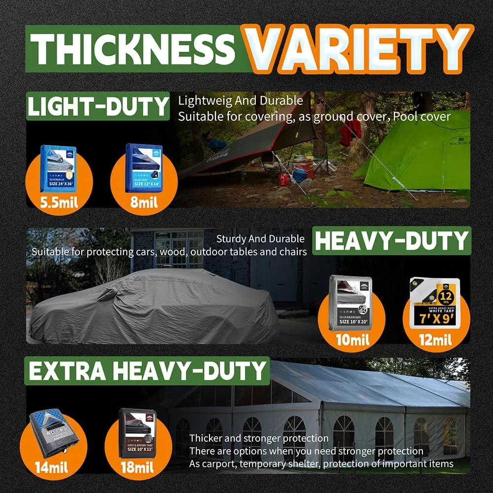 RAINDEWAY Tarps Heavy Duty Waterproof 12x25 Feet, 10Mil Multipurpose Poly Tarp Cover with Metal Grommets,Silver/Brown Tarp Finished Size,for Carport，Boats，Camping