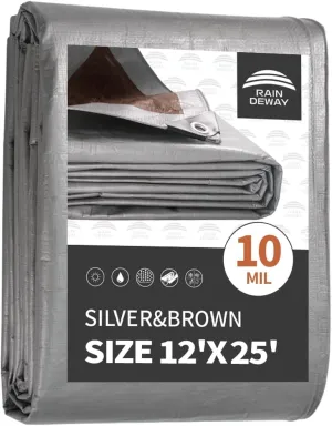 RAINDEWAY Tarps Heavy Duty Waterproof 12x25 Feet, 10Mil Multipurpose Poly Tarp Cover with Metal Grommets,Silver/Brown Tarp Finished Size,for Carport，Boats，Camping