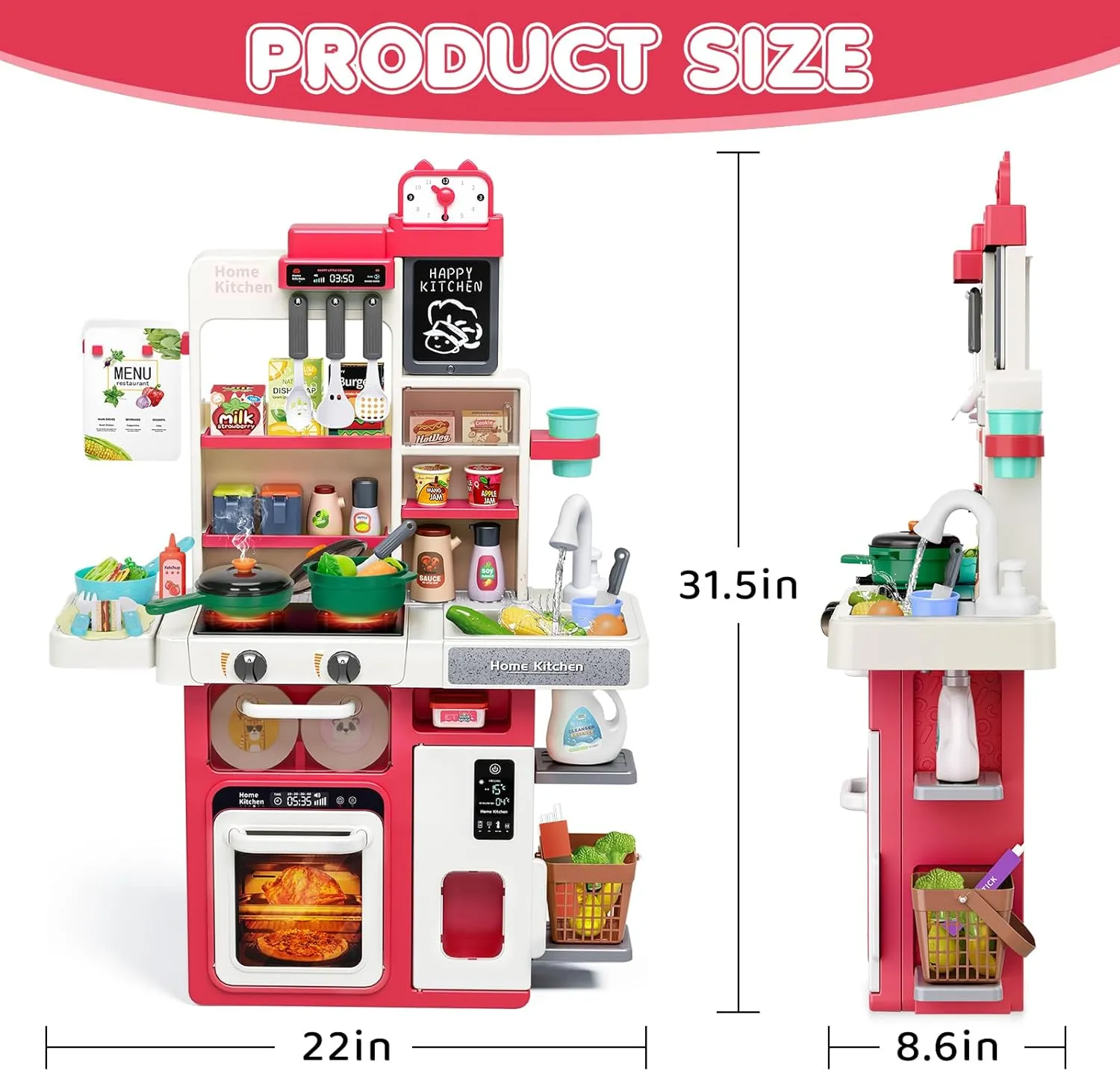 Red Kids Play Kitchen Set, Toddler Kitchen Playset with Sound & Light, Cooking Stove with Steam, Play Sink, Play Food Toy and Kitchen Accessories, Kitchen Toy for Kids Girls Boys - Red