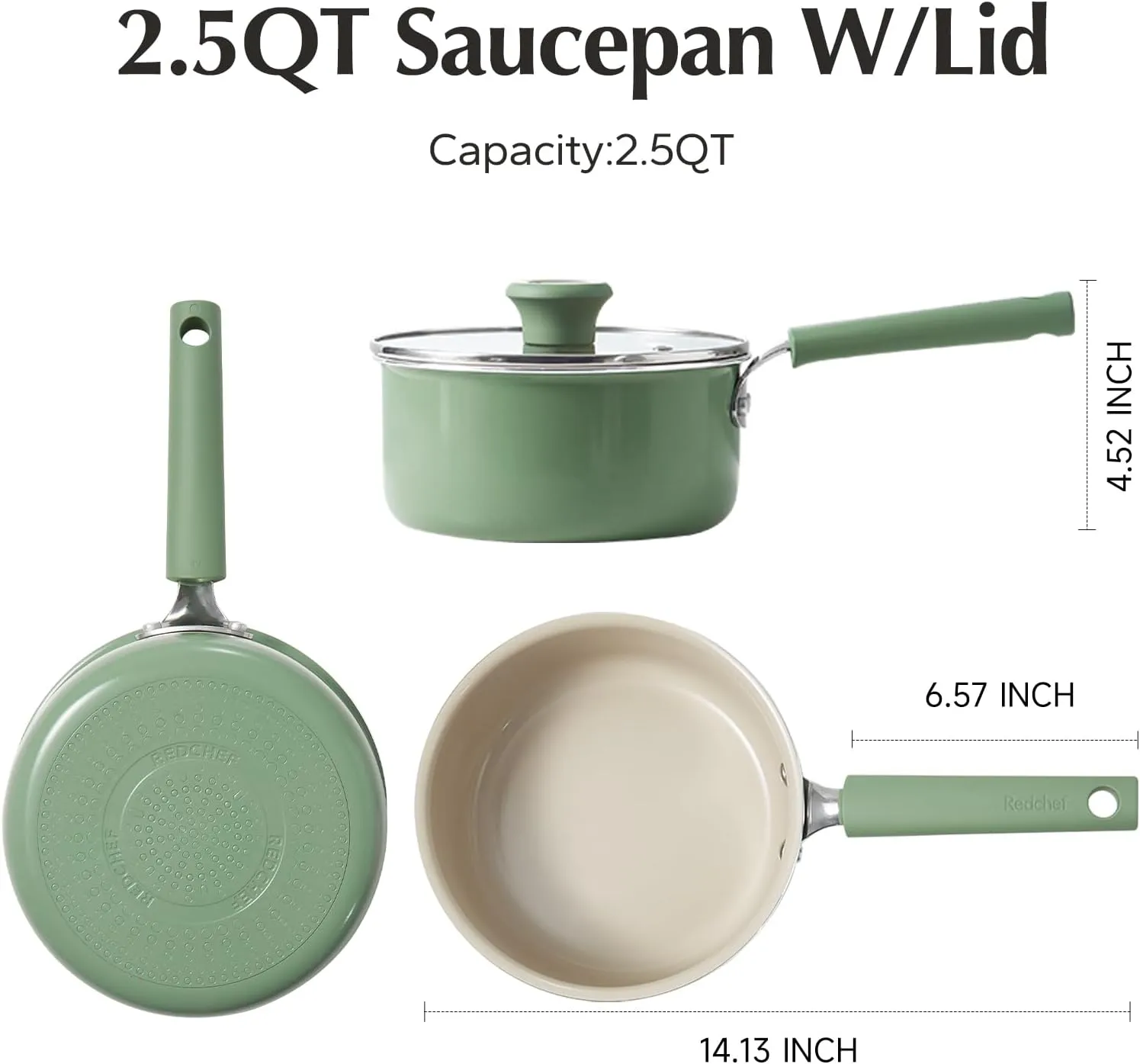 Redchef Ceramic Nonstick Saucepan with Lid, 2.5QT Small Cooking Pot, Non Toxic Sauce Pans for Kitchen, Cool Handle PFAS Free Compatible with All Cooktops, Green