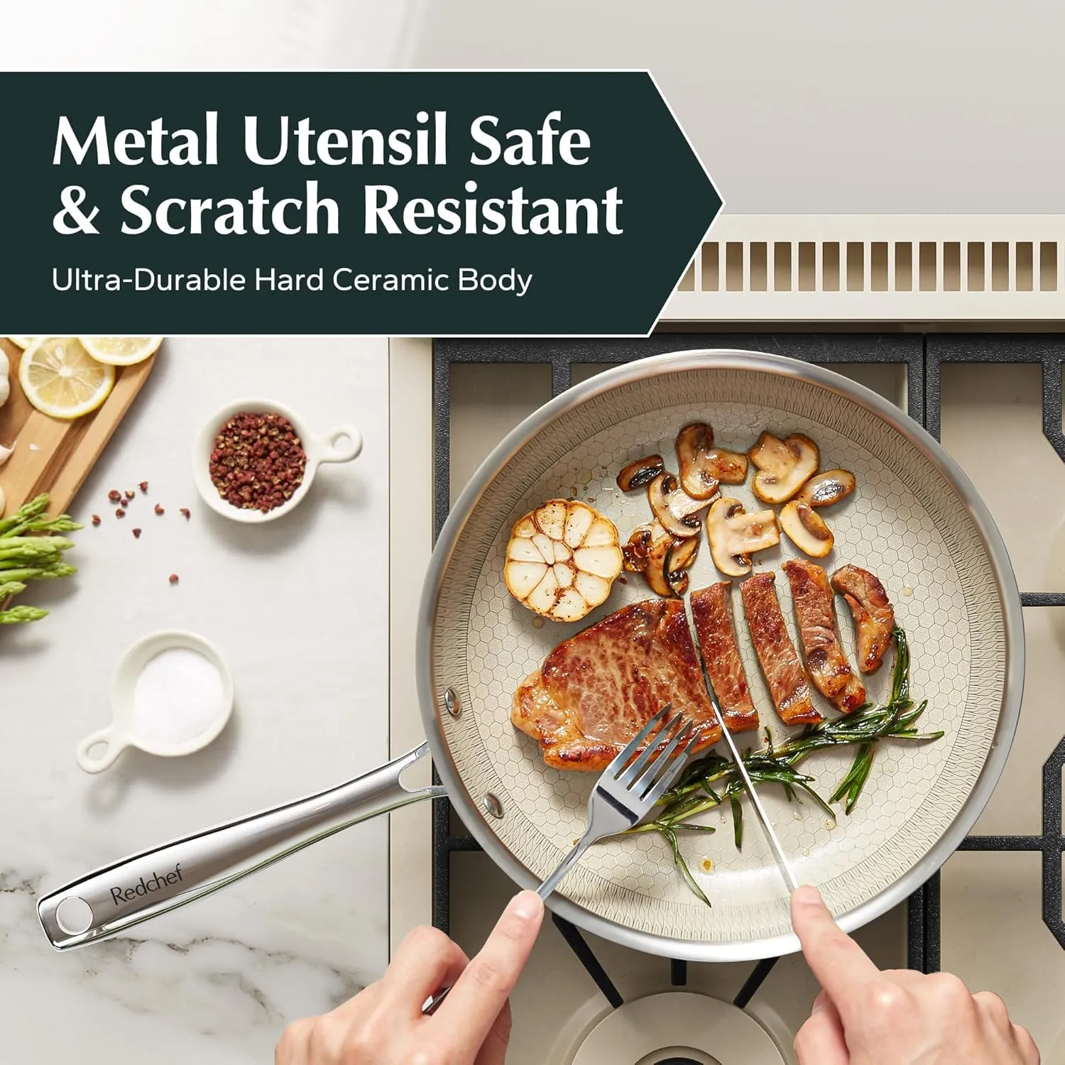 Redchef Non Stick Frying Pans, Hybrid Ceramic Frying Pan, Nonstick Skillet with Stay-Cool Handle, Non Toxic, PFAS PFOA & PTFE Free, Dishwasher & Oven Safe, Compatible with All Cooktops (8 10 12 inch)