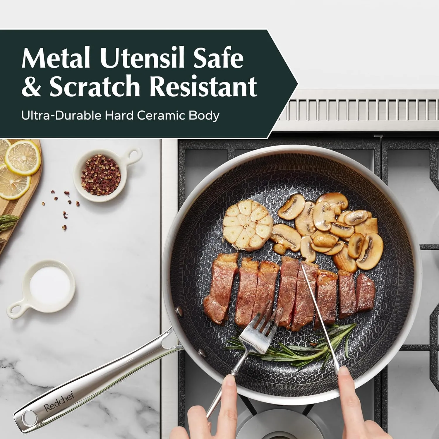Redchef Non Stick Frying Pans, Hybrid Ceramic Frying Pan, Nonstick Skillets with Stay-Cool Handle, Non Toxic, PFAS PFOA & PTFE Free, Dishwasher & Oven Safe, Compatible with All Cooktops (8 10 12 inch)