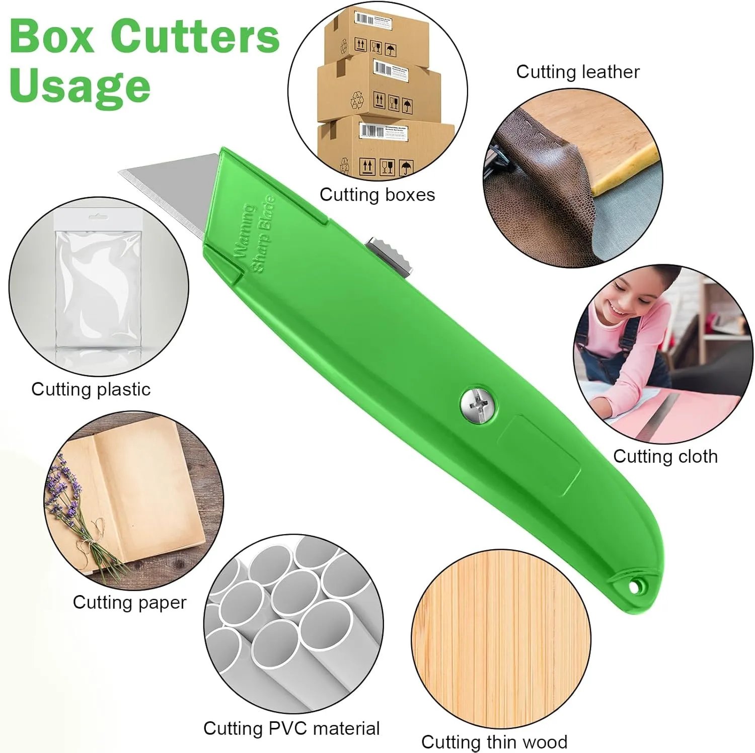 Reginary 20 Pcs Box Cutter Bulk Retractable Utility Knife Heavy Duty Aluminum Alloy Razor Knife for Cardboard Box Carton Opener for DIY, Factory, Home Office(Green)