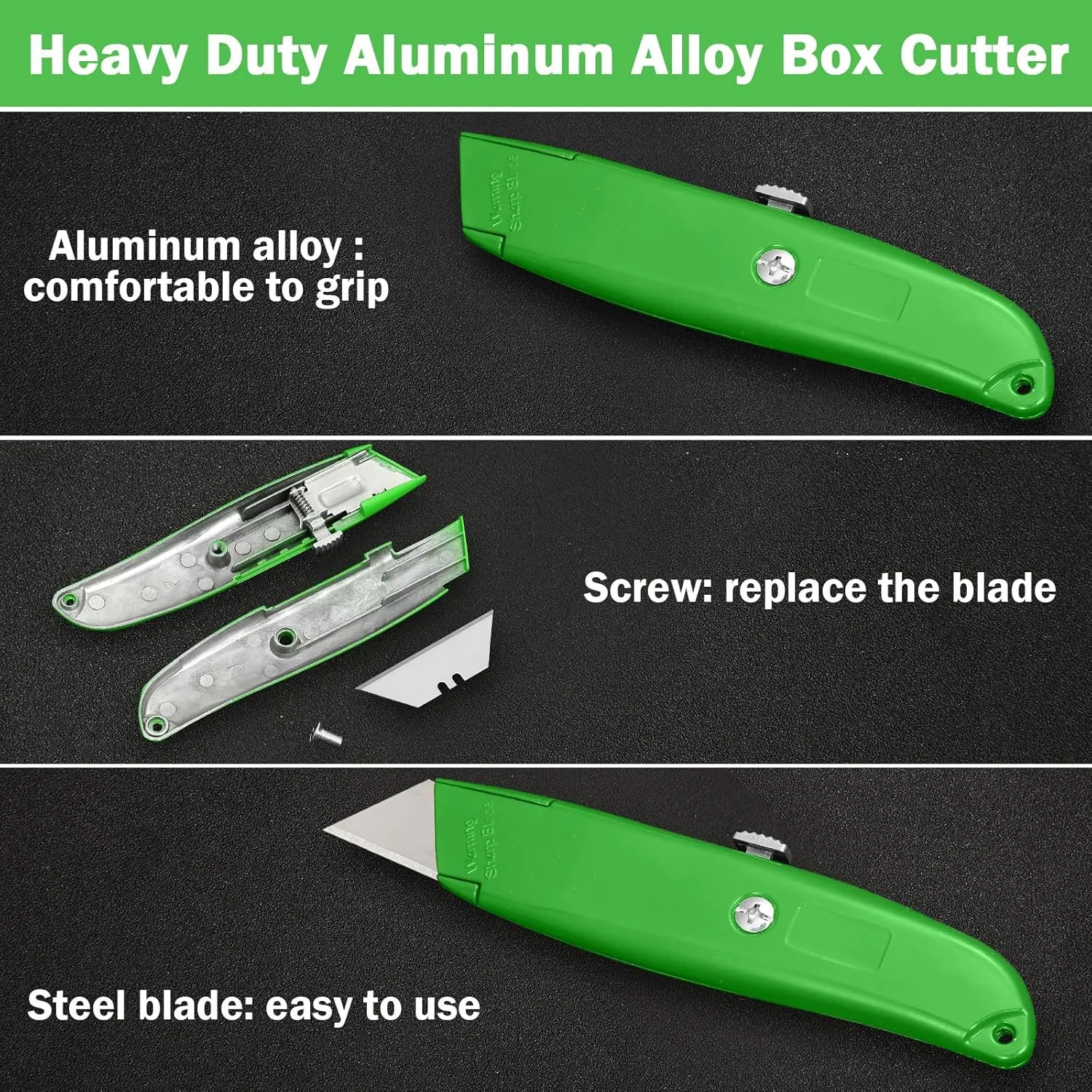 Reginary 20 Pcs Box Cutter Bulk Retractable Utility Knife Heavy Duty Aluminum Alloy Razor Knife for Cardboard Box Carton Opener for DIY, Factory, Home Office(Green)