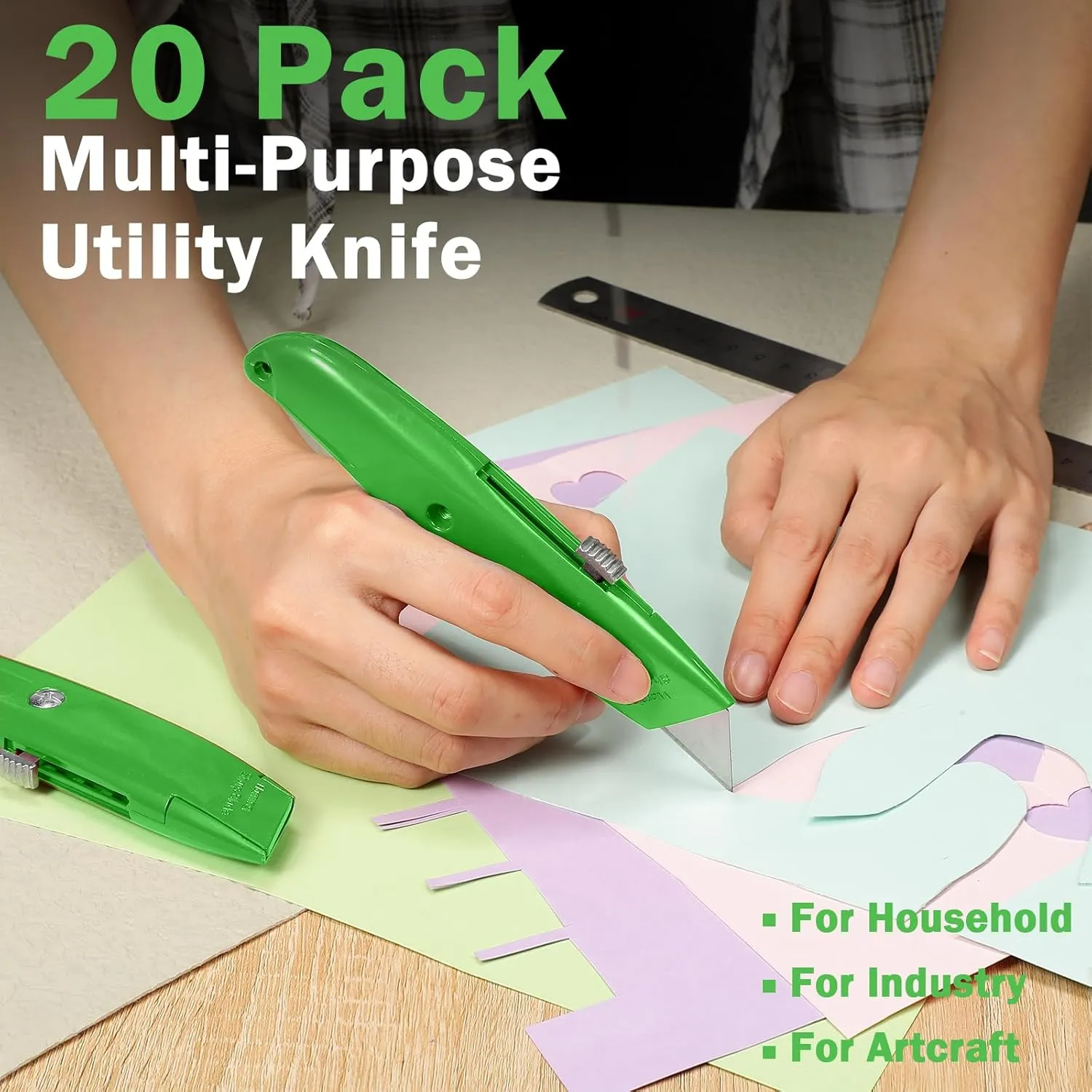 Reginary 20 Pcs Box Cutter Bulk Retractable Utility Knife Heavy Duty Aluminum Alloy Razor Knife for Cardboard Box Carton Opener for DIY, Factory, Home Office(Green)