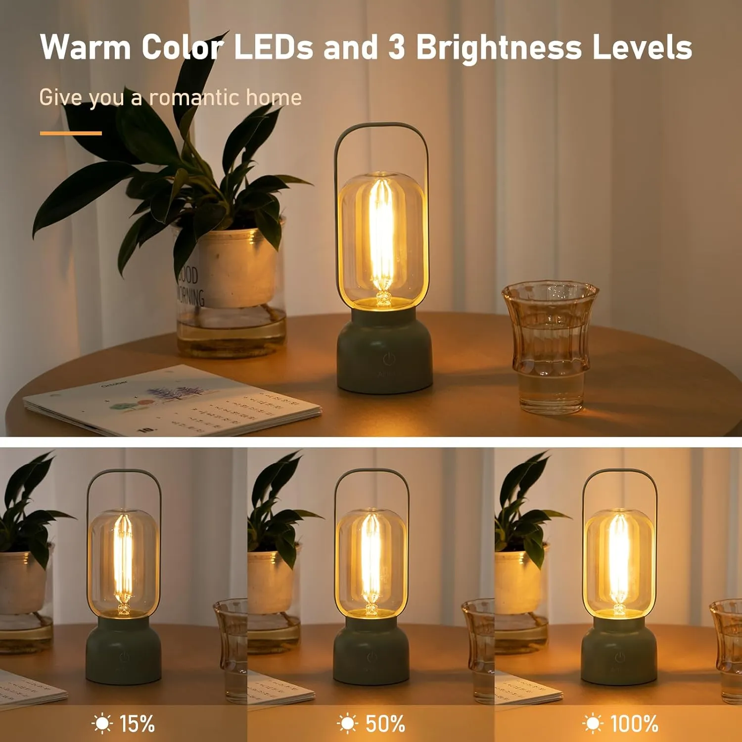 Retro Cordless Lantern Table Lamp, 40 Hours Long Lasting Dimming Night Light, Small Rechargeable Battery Operated Light for Cruise Camping Travel Nightstand, Decoration, Gift- Green