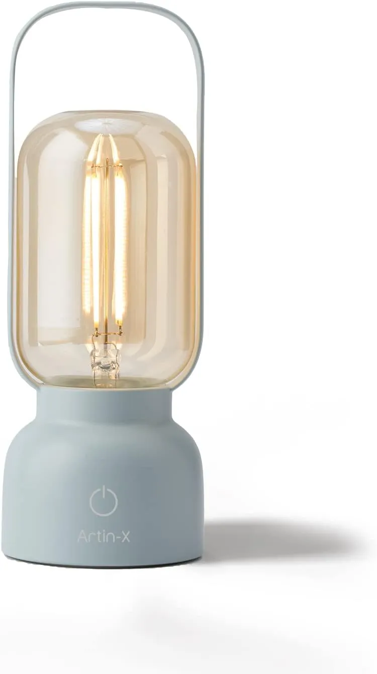 Retro Cordless Lantern Table Lamp, 40 Hours Long Lasting Dimming Night Light, Small Rechargeable Battery Operated Light for Cruise Nightstand Travel Camping Decoration Gift- Blue