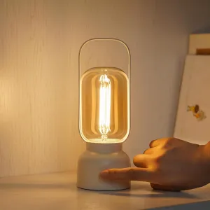 Retro Cordless Lantern Table Lamp, 40 Hours Long Lasting Dimming Night Light, Small Rechargeable Battery Operated Light for Cruise Nightstand Travel Camping Nightstand, Decoration, Gift- White
