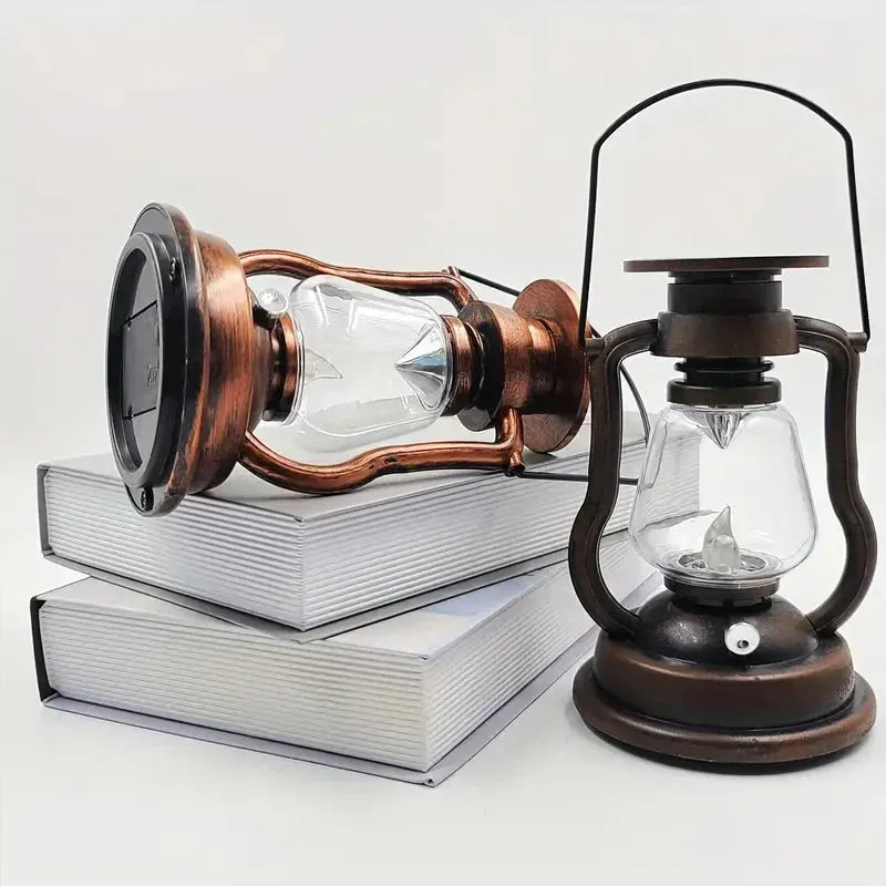 Retro Kerosene Lamp LED Horse Lantern Outdoor Waterproof Portable Rechargeable Solar Powered Flame Light