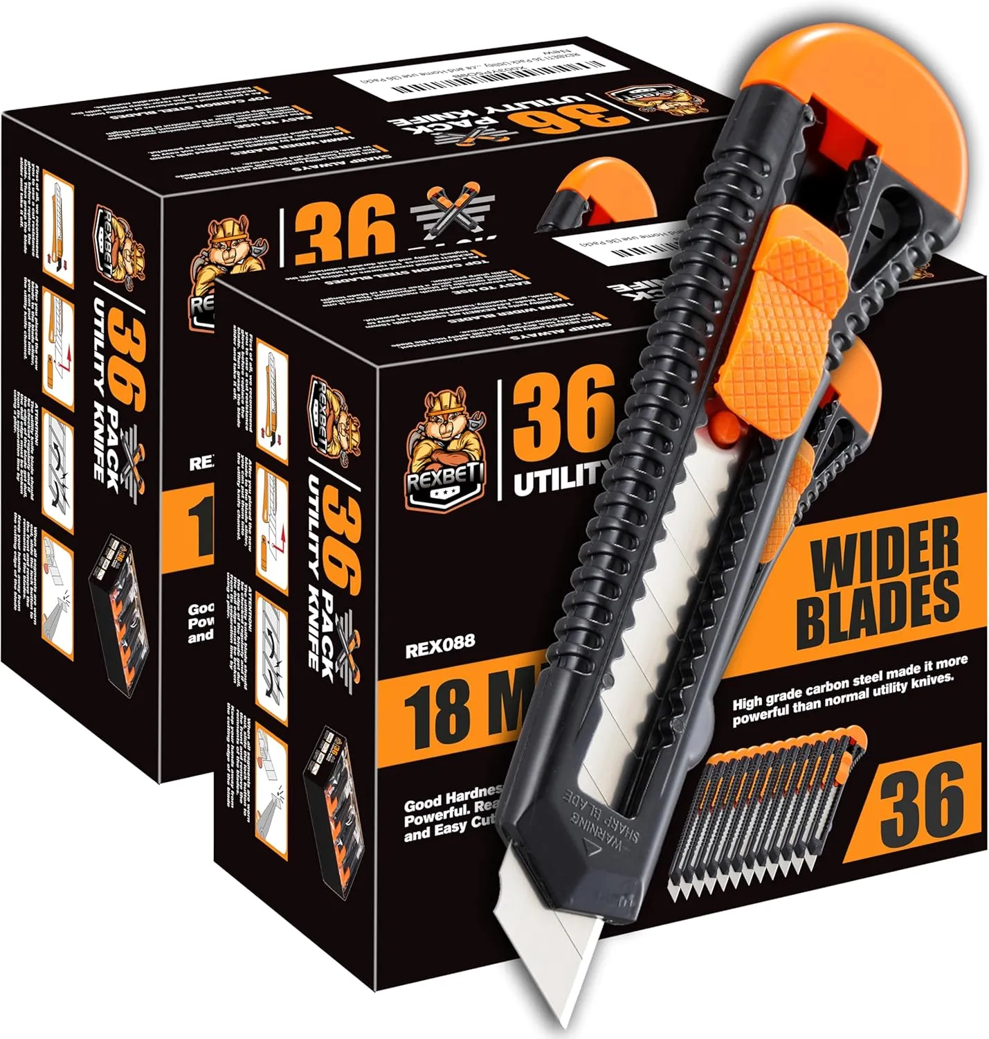 REXBETI Utility Knife, Retractable Box Cutter for Cartons, Cardboard and Boxes, 18mm Wider Razor Sharp Blade, Smooth Mechanism, Perfect for Office and Home use (72 Pack)
