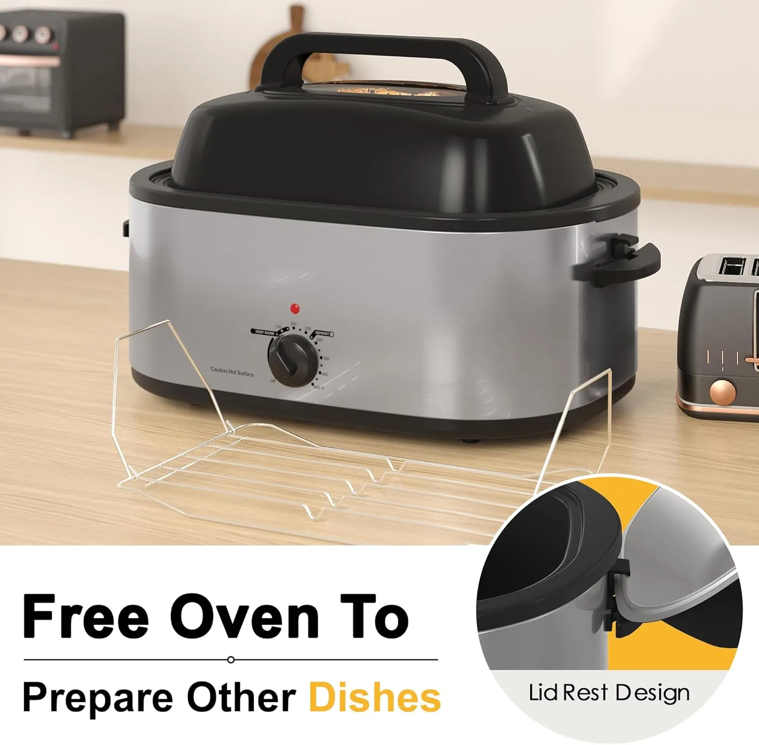 Roaster Oven 26Qt, Multifunctional Electric Roaster Oven for Turkey Meats Bread Soup Sauce, Fast-Cooking Turkey Roaster with Self-Basting Lid, Removable Pan and Rack, Stainless Steel