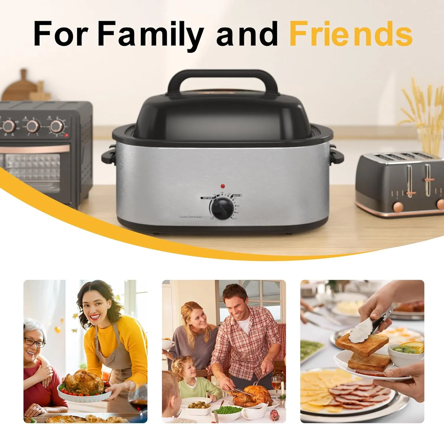 Roaster Oven 26Qt, Multifunctional Electric Roaster Oven for Turkey Meats Bread Soup Sauce, Fast-Cooking Turkey Roaster with Self-Basting Lid, Removable Pan and Rack, Stainless Steel
