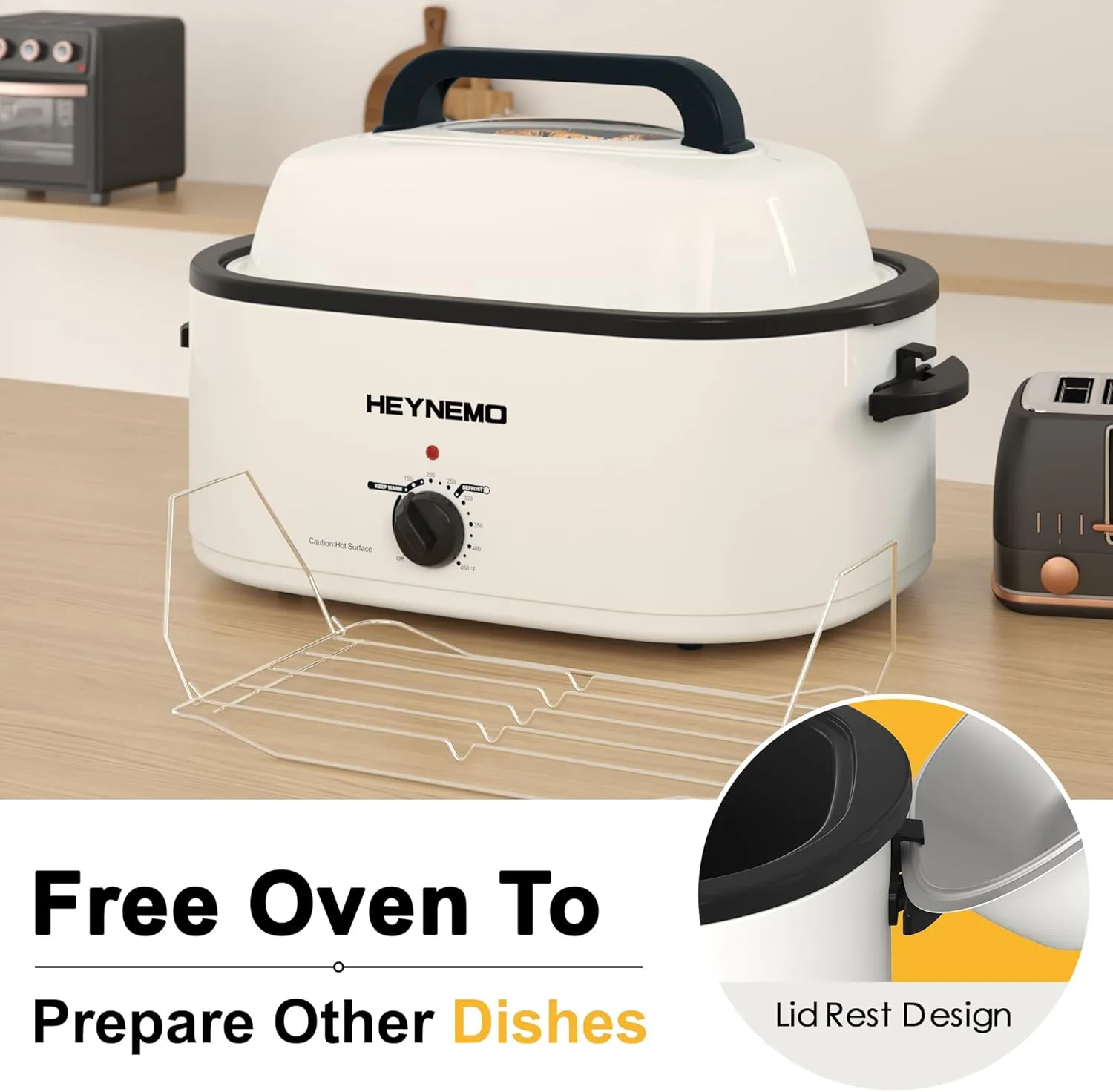 Roaster Oven, Electric Roaster Oven 26 Quart with Viewing & Self-Basting Lid, Turkey Roaster with Defrost & Warm Function, Large Electric Roaster Pan with Removable Pan & Rack, Stainless Steel, White