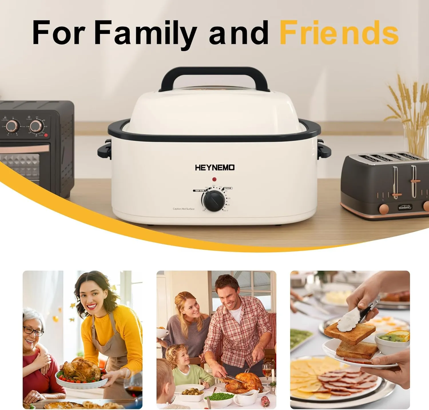 Roaster Oven, Electric Roaster Oven 26 Quart with Viewing & Self-Basting Lid, Turkey Roaster with Defrost & Warm Function, Large Electric Roaster Pan with Removable Pan & Rack, Stainless Steel, White