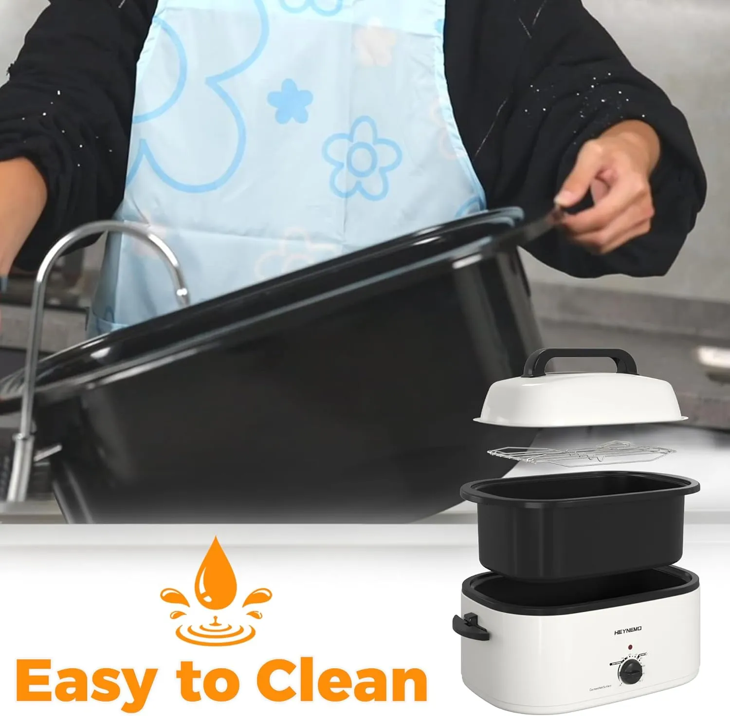 Roaster Oven, Electric Roaster Oven 26 Quart with Viewing & Self-Basting Lid, Turkey Roaster with Defrost & Warm Function, Large Electric Roaster Pan with Removable Pan & Rack, Stainless Steel, White