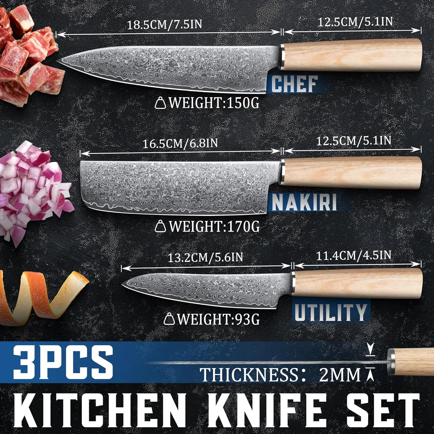 ROCOCO Damascus Chef Knife Set - Japanese Nakiri Utility Paring Knives Sharp Gyuto Meat Cleaver for Home Kitchen Gift Idea