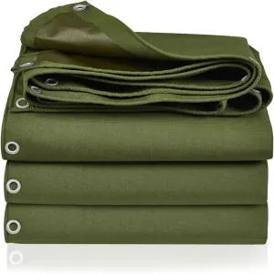 Rocutus Canvas Tarp, Heavy Duty Waterproof & UV Resistant Green Canvas Tarps, Eco-Friendly Silicone Coated, Reinforced Edges & Grommets for Pool, Boat, Outdoor Use (9.8 x 16.4 ft)