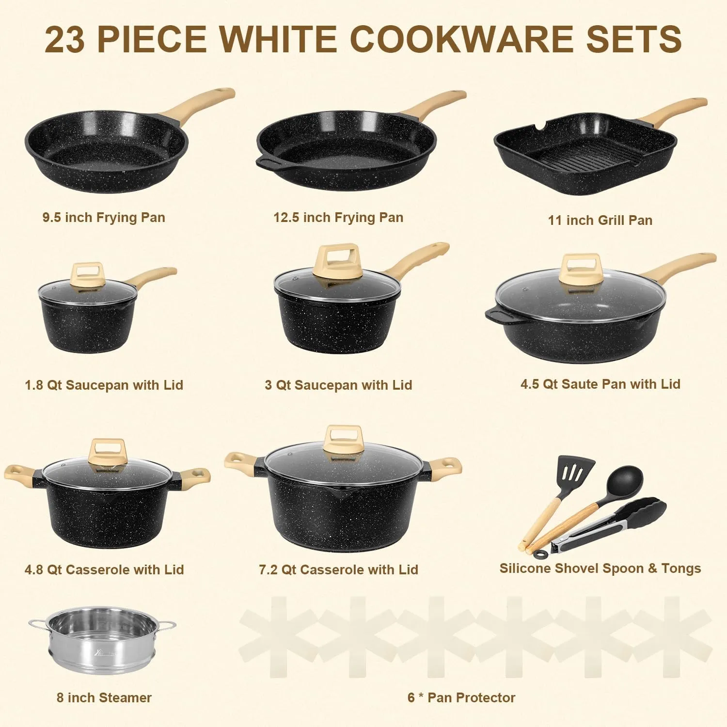 Romswi 23pcs Pots and Pans Set Non Stick, Kitchen Cookware Set with Casserole, Frying & Saucepans, Oven Safe & Stovetop Agnostic (Gas, Electric & Induction) - Black