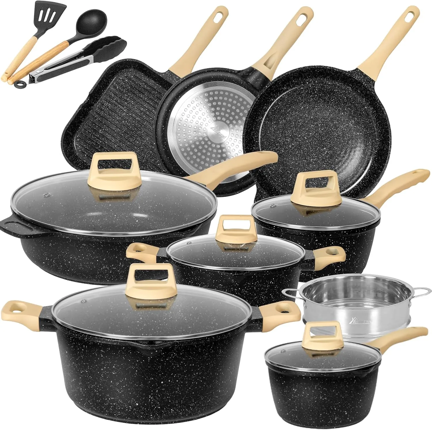 Romswi 23pcs Pots and Pans Set Non Stick, Kitchen Cookware Set with Casserole, Frying & Saucepans, Oven Safe & Stovetop Agnostic (Gas, Electric & Induction) - Black