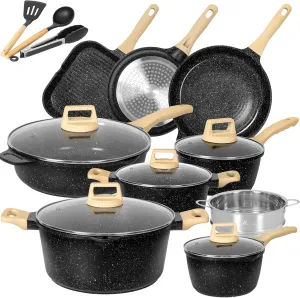 Romswi 23pcs Pots and Pans Set Non Stick, Kitchen Cookware Set with Casserole, Frying & Saucepans, Oven Safe & Stovetop Agnostic (Gas, Electric & Induction) - Black