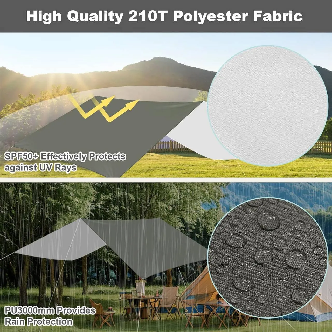 Rootz Waterproof Camping Tarp - Sun Shelter - Shade Sail - 210T Polyester Fabric - SPF50  - PU3000mm - 3m x 4m - Portable Storage Bag