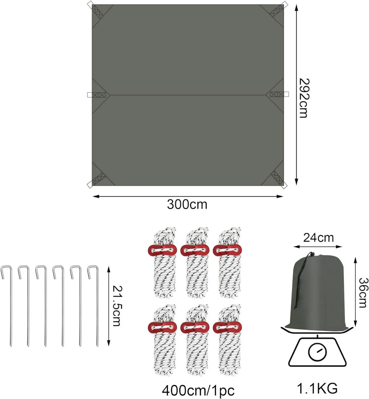 Rootz Waterproof Camping Tarp - Sun Shelter - Shade Sail - 210T Polyester Fabric - SPF50  - PU3000mm - 3m x 4m - Portable Storage Bag