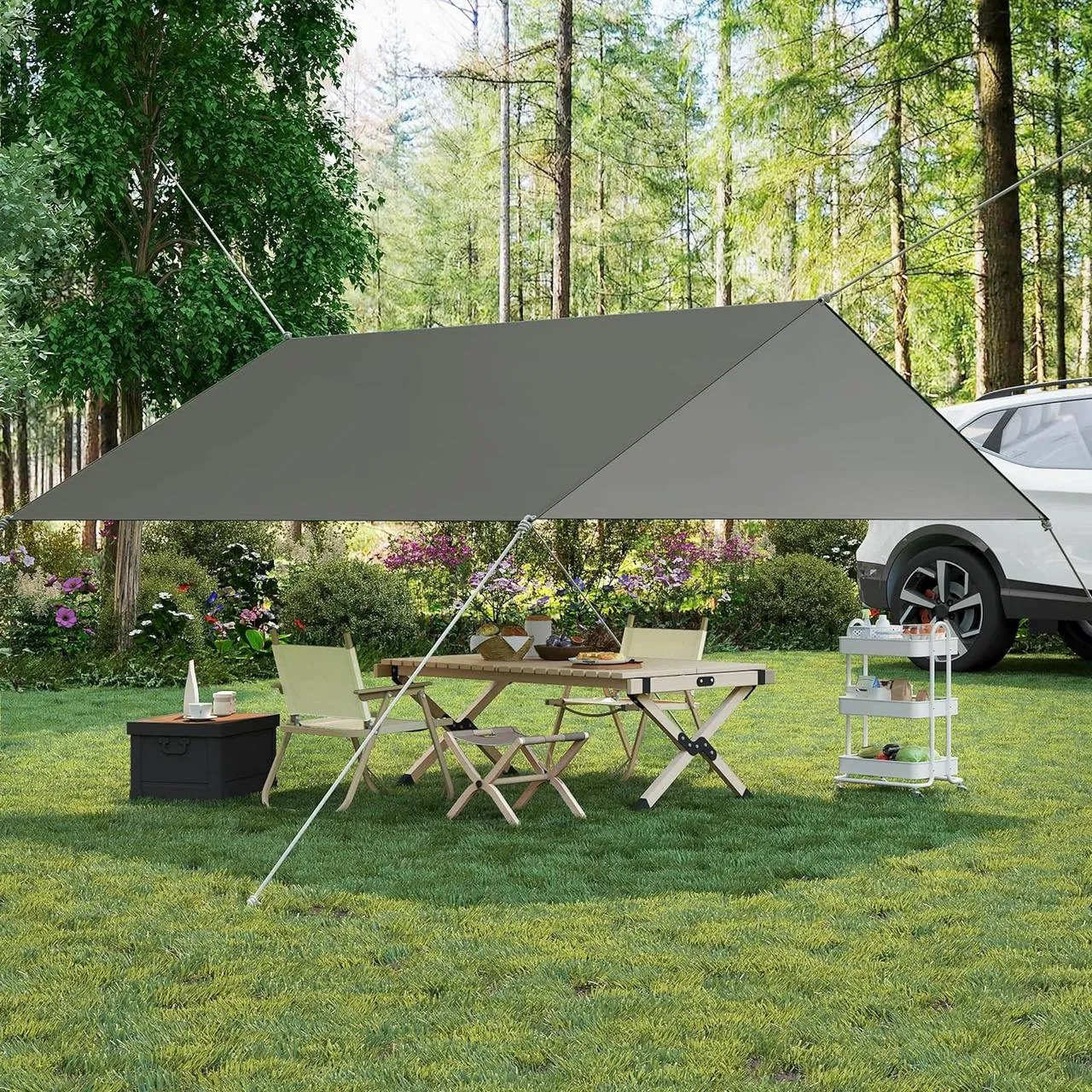Rootz Waterproof Camping Tarp - Sun Shelter - Shade Sail - 210T Polyester Fabric - SPF50  - PU3000mm - 3m x 4m - Portable Storage Bag