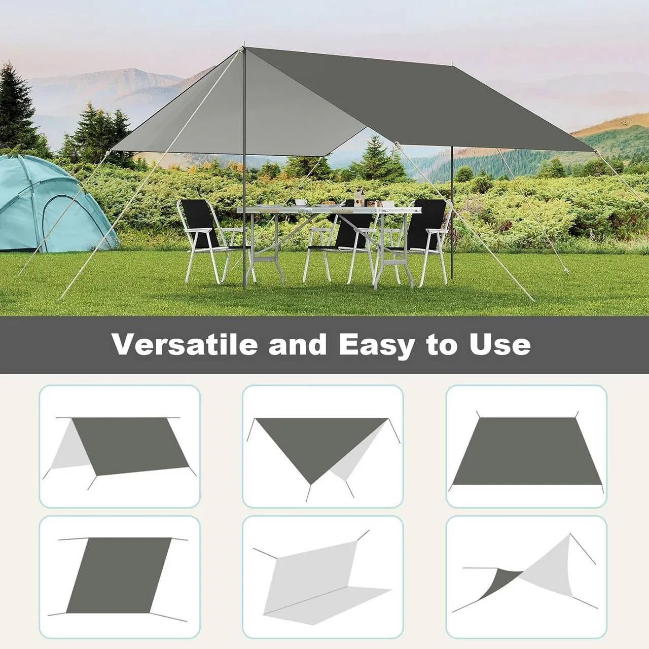 Rootz Waterproof Camping Tarp - Sun Shelter - Shade Sail - 210T Polyester Fabric - SPF50  - PU3000mm - 3m x 4m - Portable Storage Bag