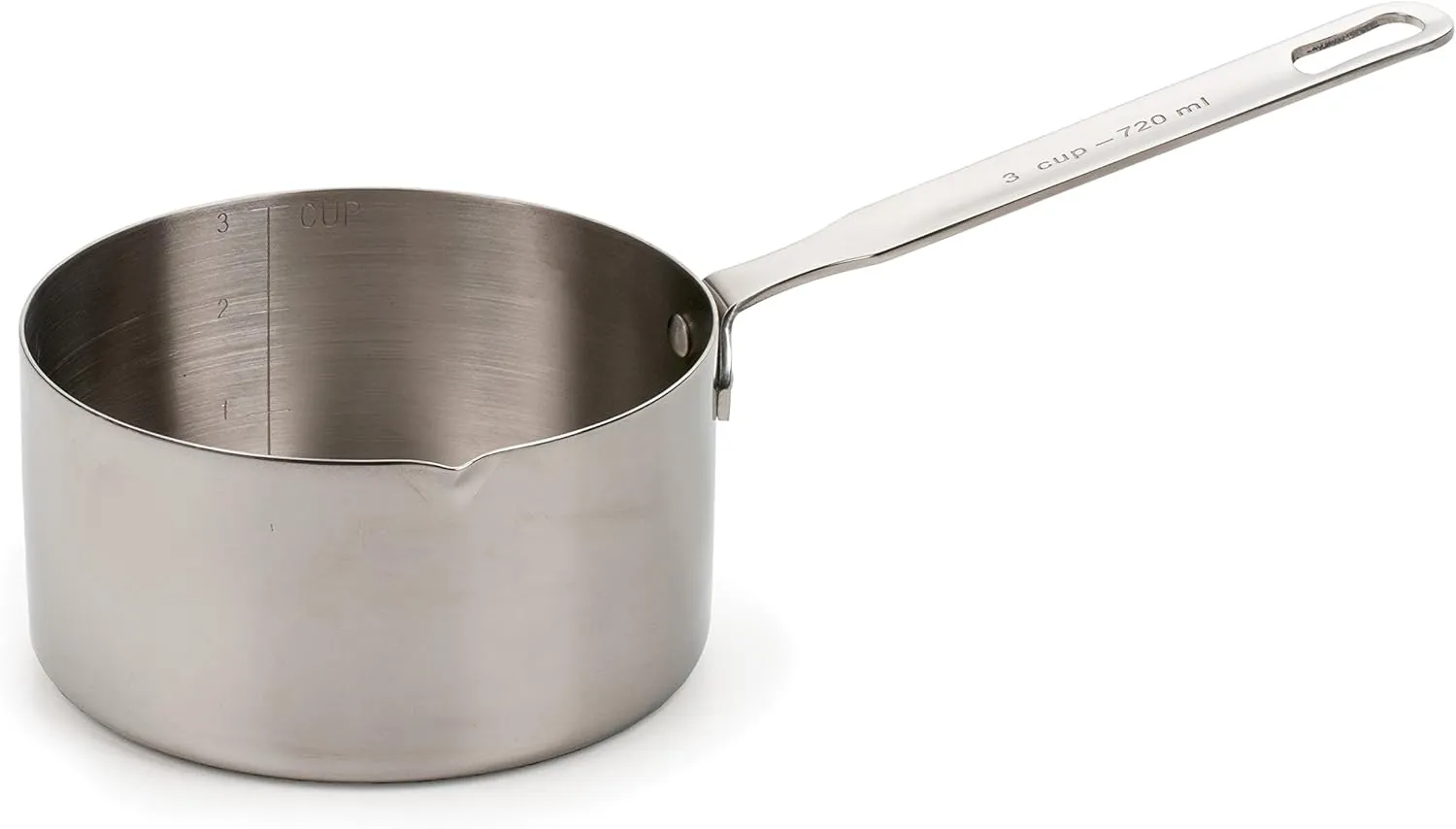 RSVP International Endurance Stainless Steel Measuring Pan Scoop, 3 Cups | Dry or Liquid | Baking or Cooking | Ideal for Melting Butter, Chocolate, Heating Soup | Dishwasher Safe