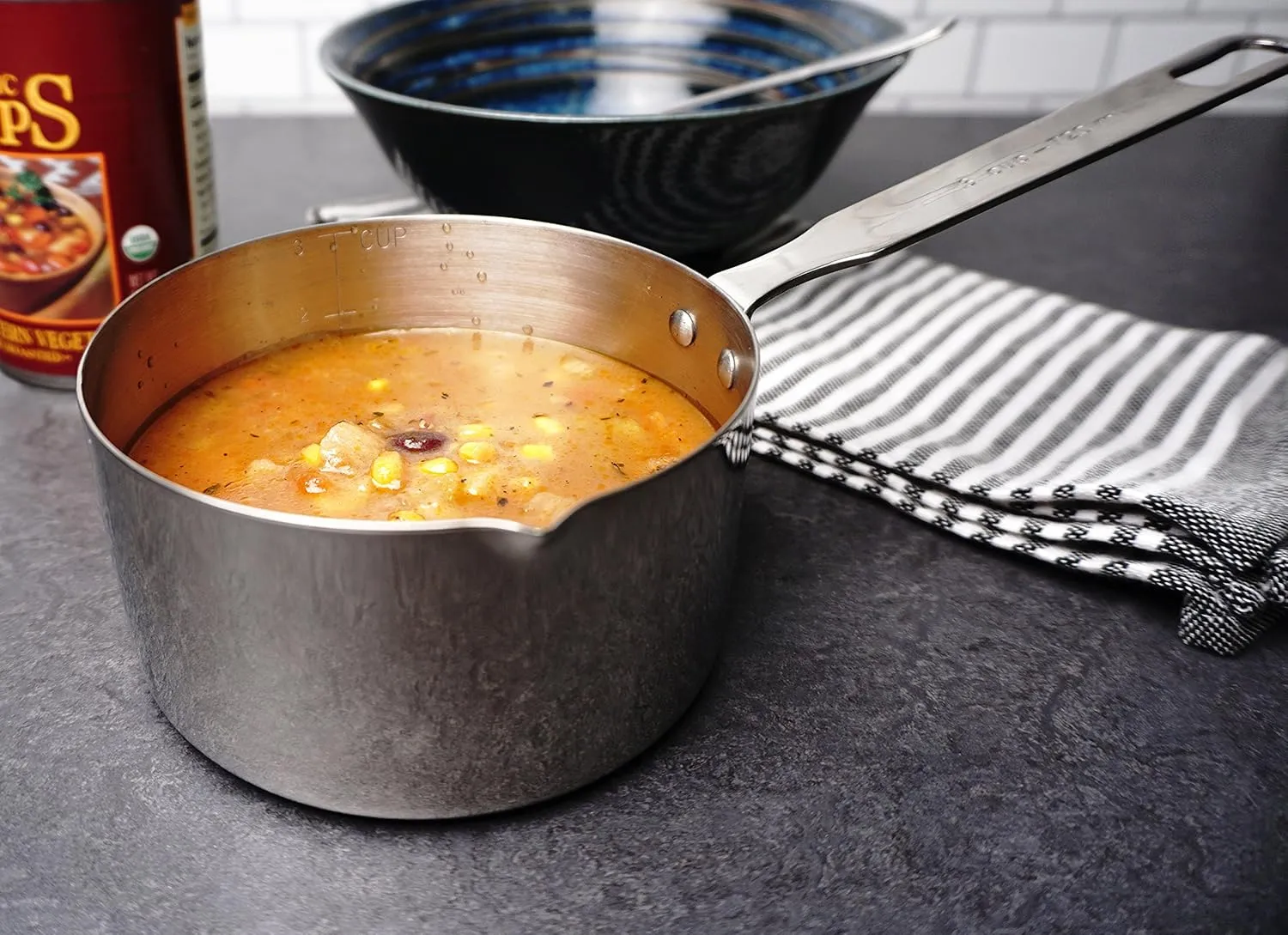 RSVP International Endurance Stainless Steel Measuring Pan Scoop, 3 Cups | Dry or Liquid | Baking or Cooking | Ideal for Melting Butter, Chocolate, Heating Soup | Dishwasher Safe