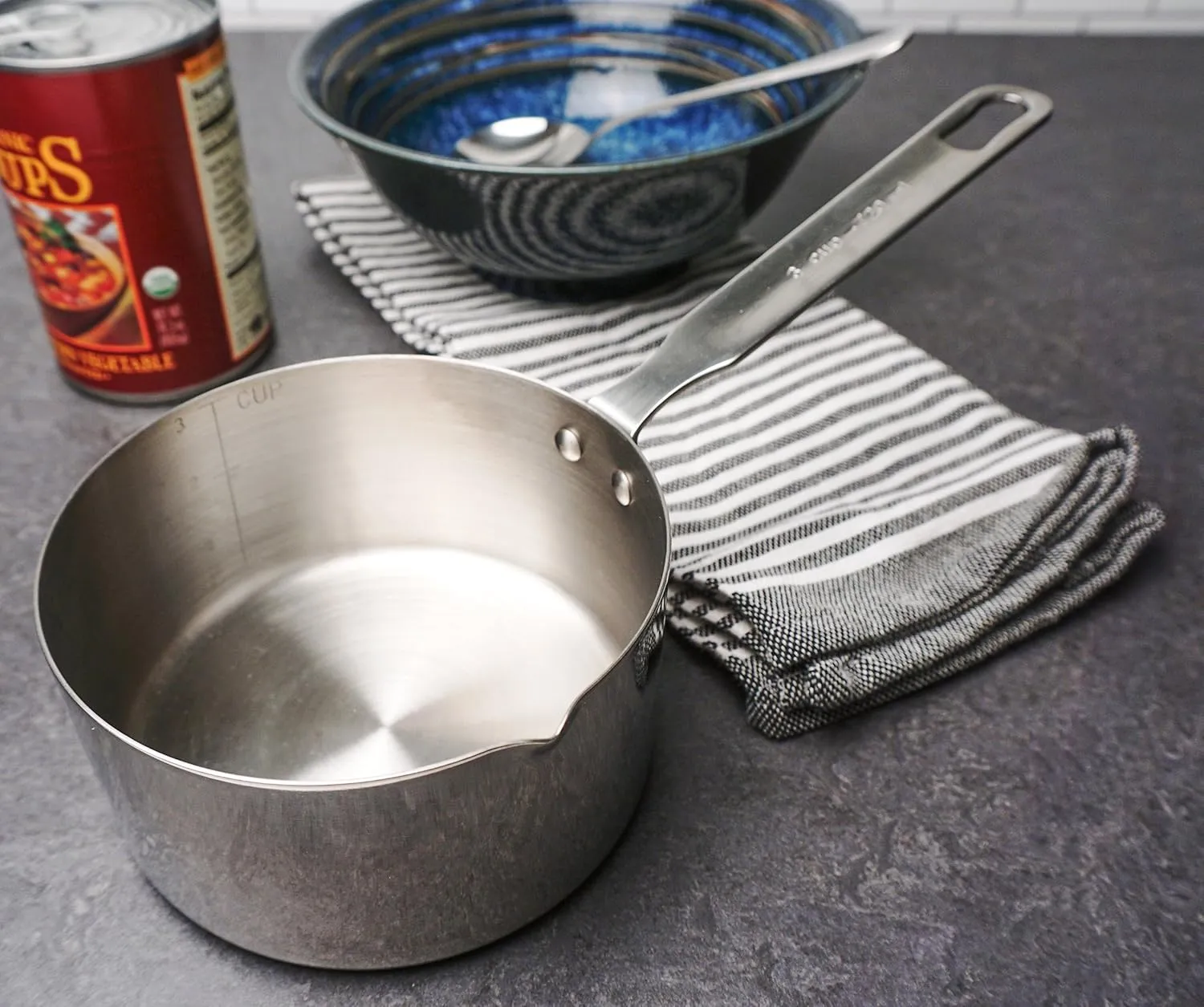 RSVP International Endurance Stainless Steel Measuring Pan Scoop, 3 Cups | Dry or Liquid | Baking or Cooking | Ideal for Melting Butter, Chocolate, Heating Soup | Dishwasher Safe