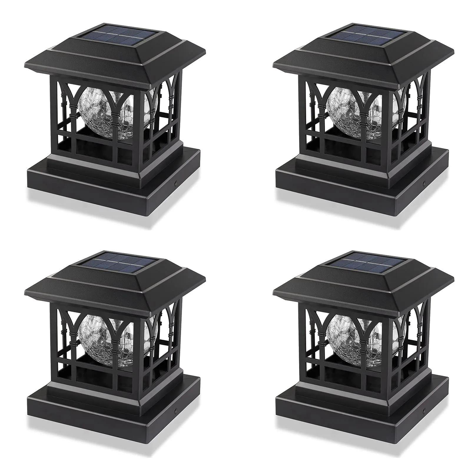 Rynx | Aefreleoht Solar Post Light, Warm White & RGB Automatic Cycling, Crushed Glass Exos, 20 Lumen LP65 Waterproof Fits 3.6X3.6 4X4 4.5X4.5 5X5 Wood Insert Lantern Solar Powered Light Black (4 Pack)