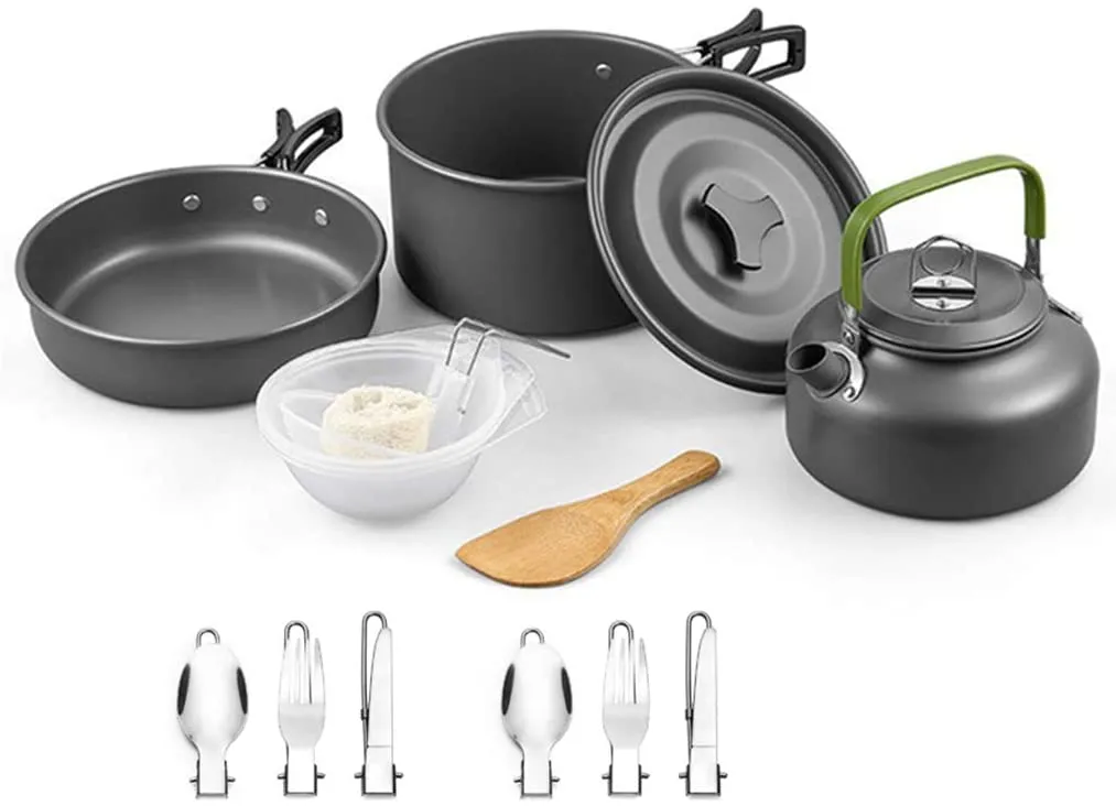 Rynx | DZRZVD Camping Cooking Equipment Mess Kit Gear, Backpack Accessories Equipment Pots and Pans Set with Net Carry Bag for Hiking, Picnic