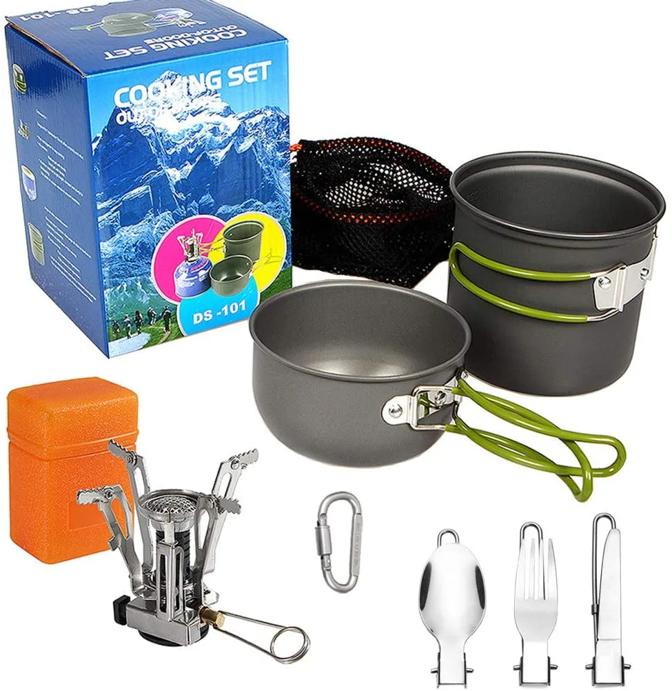 Rynx | DZRZVD Camping Cooking Equipment Mess Kit Gear, Backpack Accessories Equipment Pots and Pans Set with Net Carry Bag for Hiking, Picnic