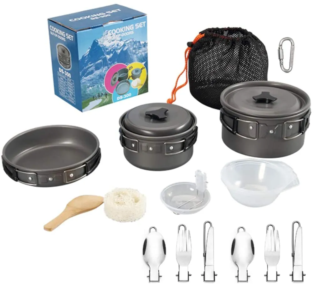 Rynx | DZRZVD Camping Cooking Equipment Mess Kit Gear, Backpack Accessories Equipment Pots and Pans Set with Net Carry Bag for Hiking, Picnic