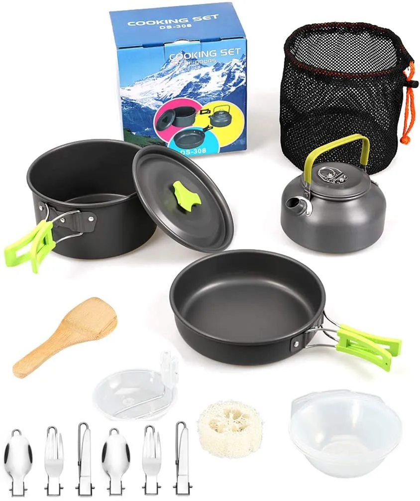 Rynx | DZRZVD Camping Cooking Equipment Mess Kit Gear, Backpack Accessories Equipment Pots and Pans Set with Net Carry Bag for Hiking, Picnic