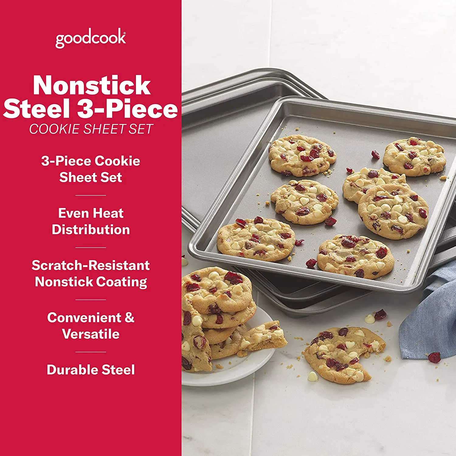 Rynx | goodcook Steel Nonstick Bakeware, 3 Piece Cookie Sheet Set, multicolor