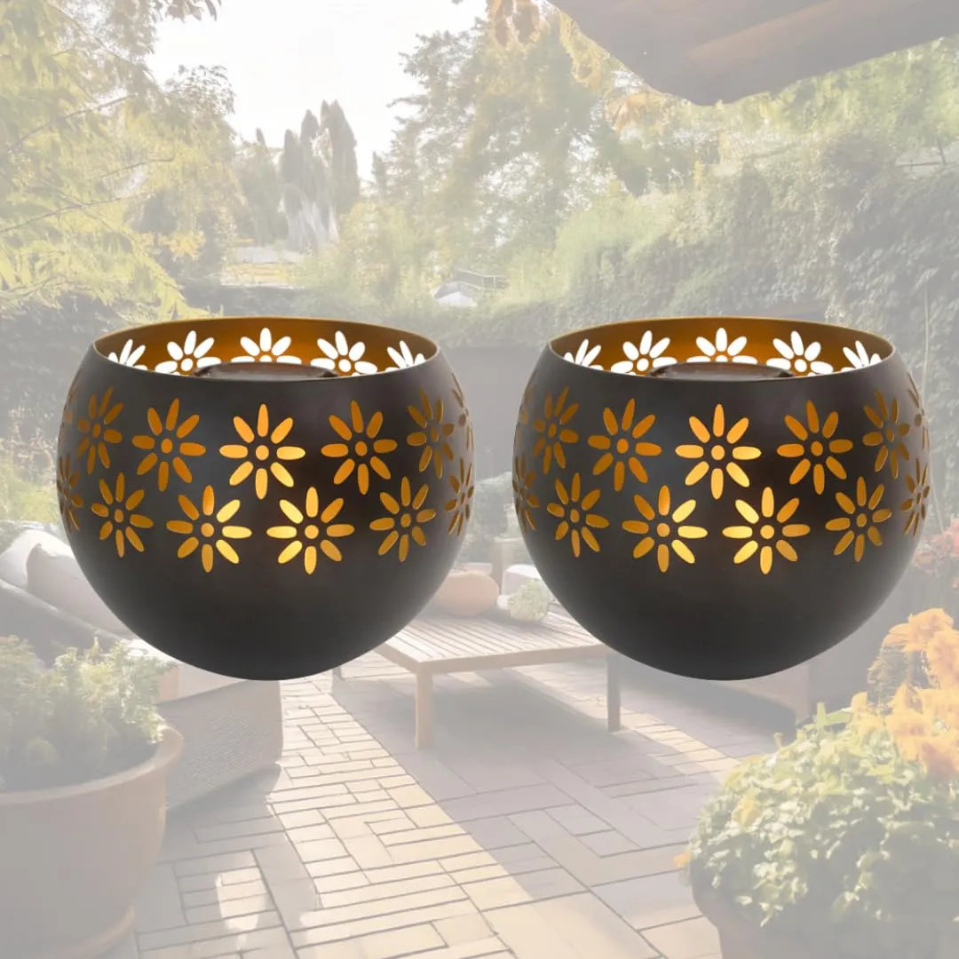 Rynx | Original Solar Fire Bowl 8” (2-Pack) Decorative Metal Sun Patio Light With Flaming Flame, Waterproof Dusk-to-Dawn Garden Lantern In Matte Black Finish