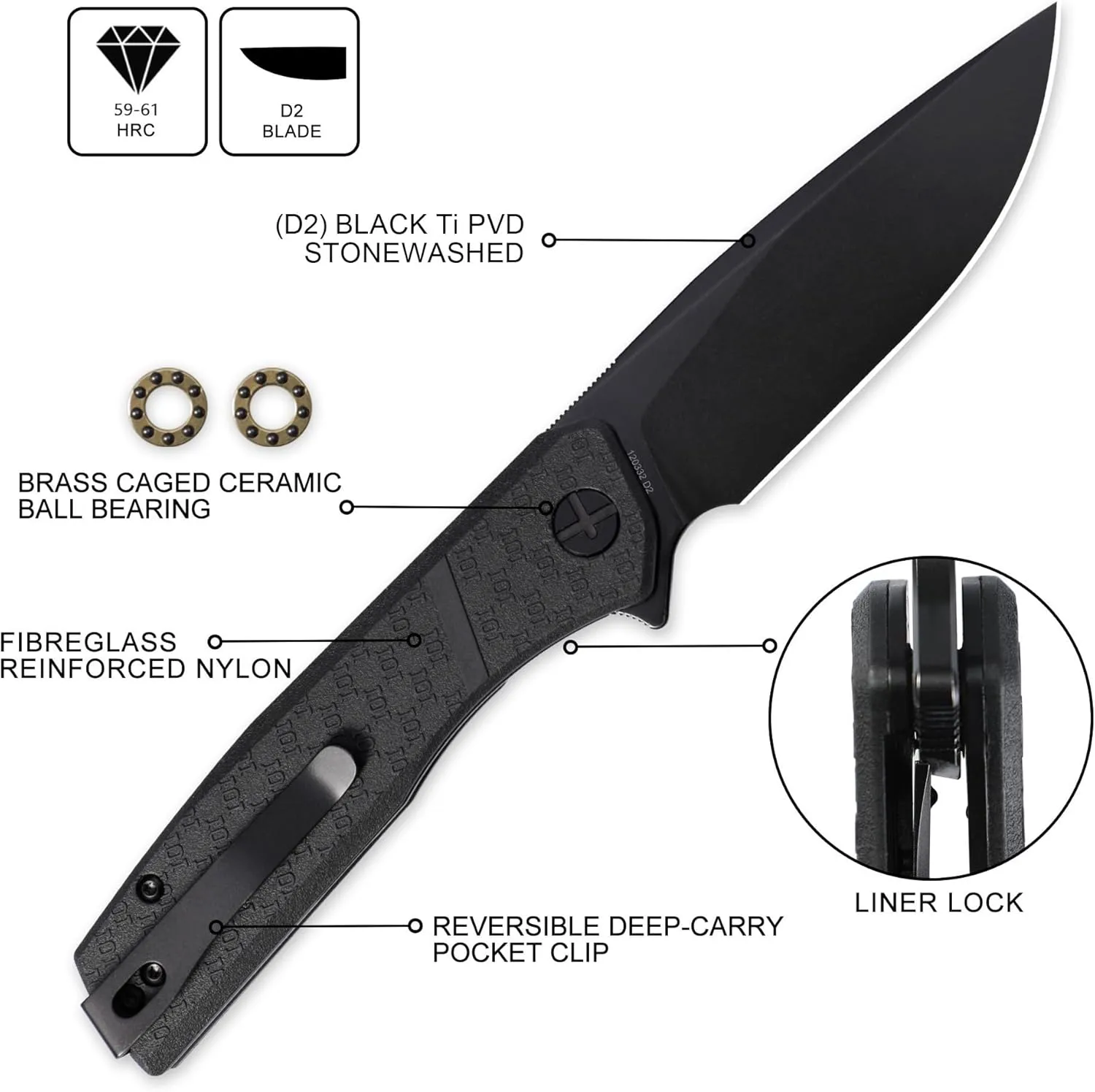 Scout I20332 Tactical Folding Pocket Knife for Men, D2 Black Titanium PVD Blade 3.62", EDC Knife with Custom Left-Side Clip, Ideal for Camping, Work, Daily Carry, Outdoor Utility, Premium Gift Use