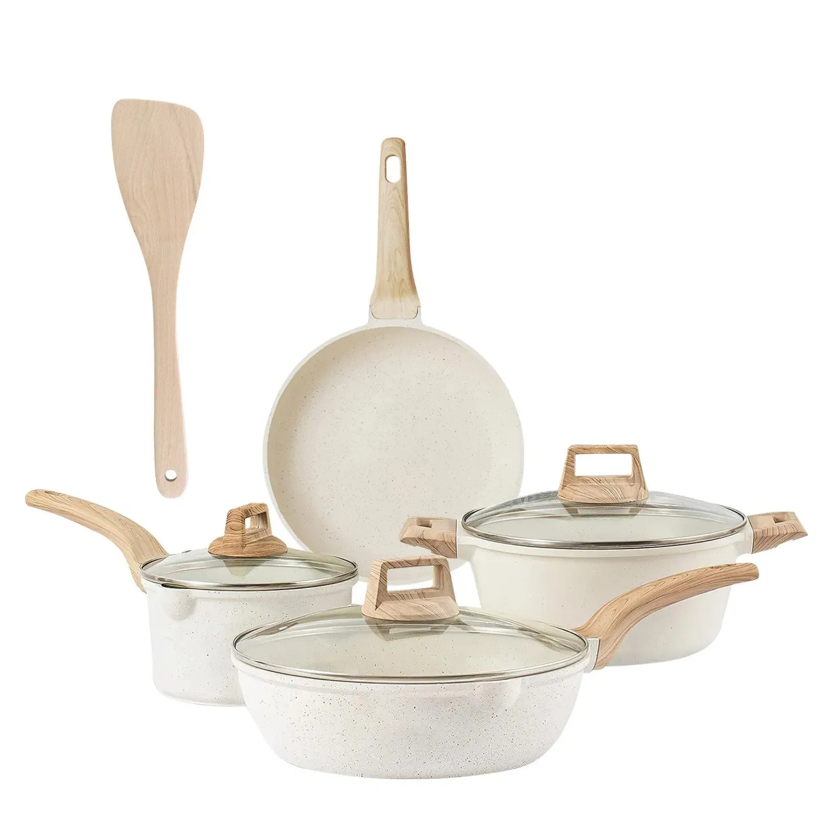 Set Kitchen Set Coated Granite Piece White Pot 8 Nonstick Power-efficient LunaLulinlk High-end design Cookware