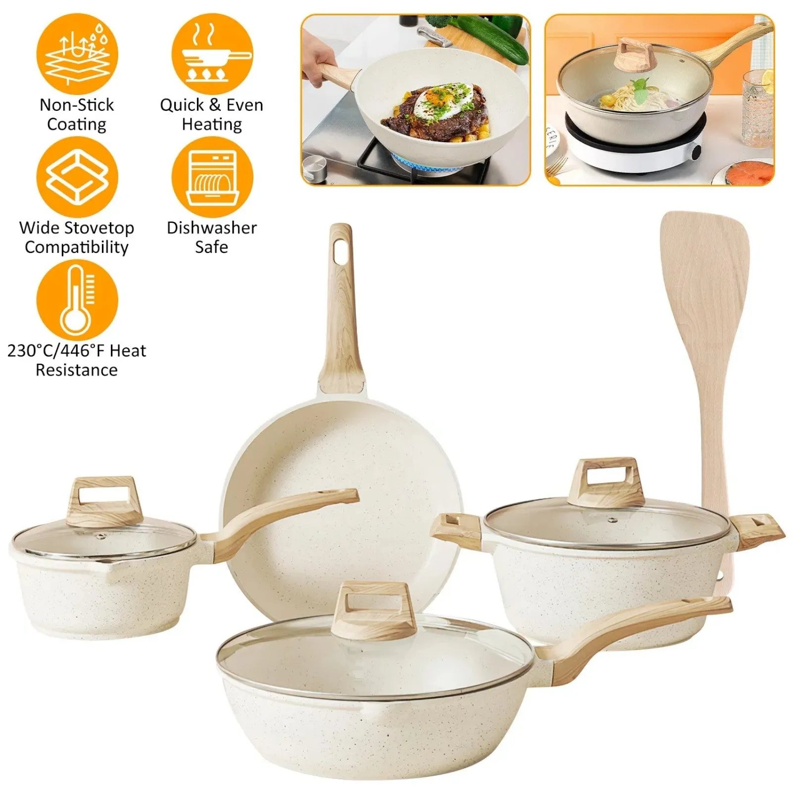 Set Kitchen Set Coated Granite Piece White Pot 8 Nonstick Power-efficient LunaLulinlk High-end design Cookware