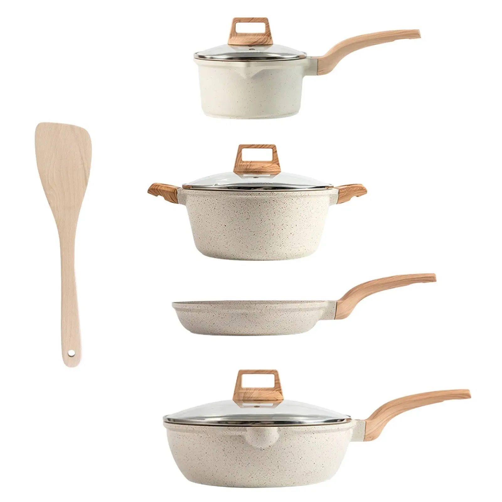 Set Kitchen Set Coated Granite Piece White Pot 8 Nonstick Power-efficient LunaLulinlk High-end design Cookware