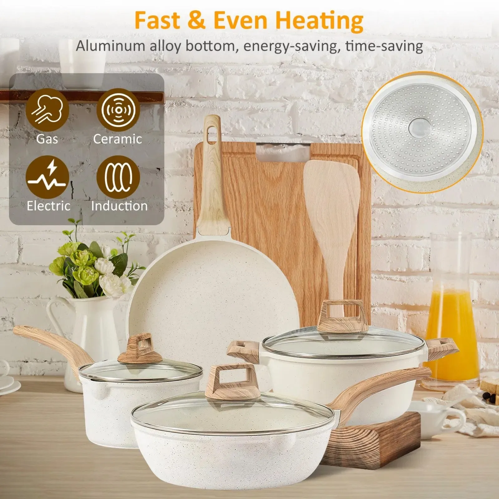 Set Kitchen Set Coated Granite Piece White Pot 8 Nonstick Power-efficient LunaLulinlk High-end design Cookware
