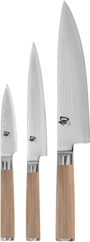 Shun Classic Blonde 3 Piece Starter Set, Includes 8" Chef, 3.5" Paring & 6" Utility Knives, Handcrafted Japanese Knife Set, Damascus Stainless Steel Cladding, Pakkawood Handle